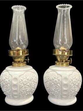 Vintage 1950s Milk Glass Oil Lamps (2) - Daisy and Botton Patterned Body